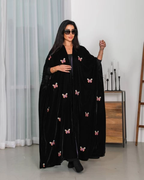 Abaya velvet bisht with butterfly embroidery IB247